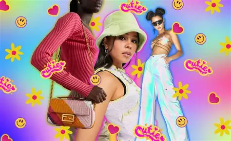 Colagem estética Y2K com modelos usando roupas coloridas e modernas sobre fundo neon com emojis, flores e textos “cutie”